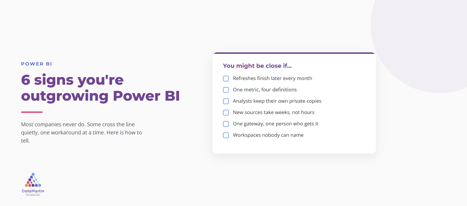 A checklist titled You might be close if, listing the six signs: refreshes finish later every month, one metric with four definitions, analysts keeping their own private copies, new sources taking weeks not hours, one gateway and one person who gets it, and workspaces nobody can name.